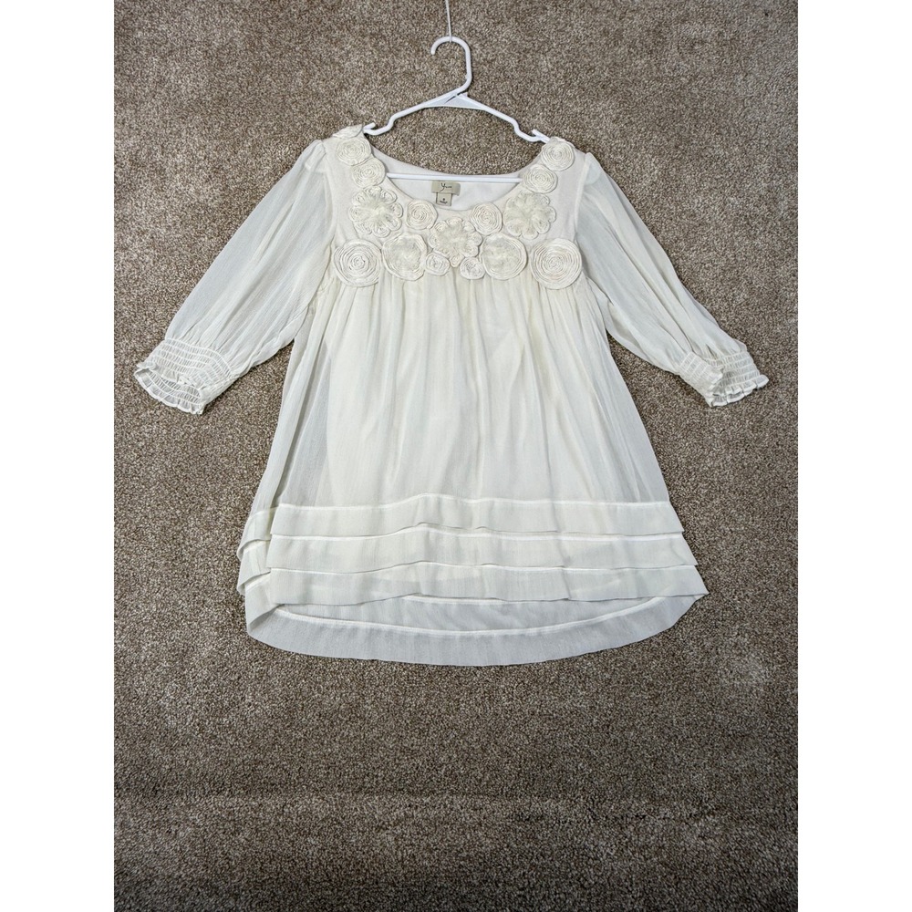 Yvos Ivory Floral Rosette Chiffon‎ Tunic Blouse Smocked 3/4 Sleeve Size 8